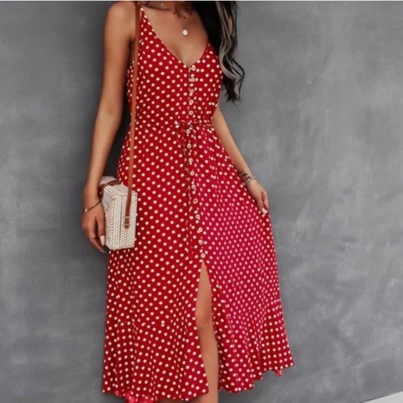 Boho polka dots  button up v neck tie polka dot dress - Picture 8 of 15